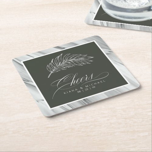 Silver Leaf Wedding Cheers Sage Green ID876 Square Paper Coaster