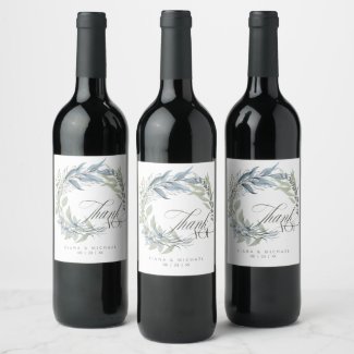 Silver Leaf Wreath Thank You Dusty Blue ID876 Wine Label