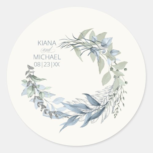 Silver Leaf Wreath Wedding Dusty Blue ID876 Classic Round Sticker