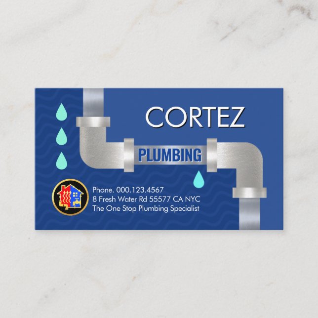 Silver Leaking Water Pipe Plumbing Business Card (Front)