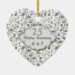 Silver leaves 25th Wedding Anniversary Ceramic Ornament