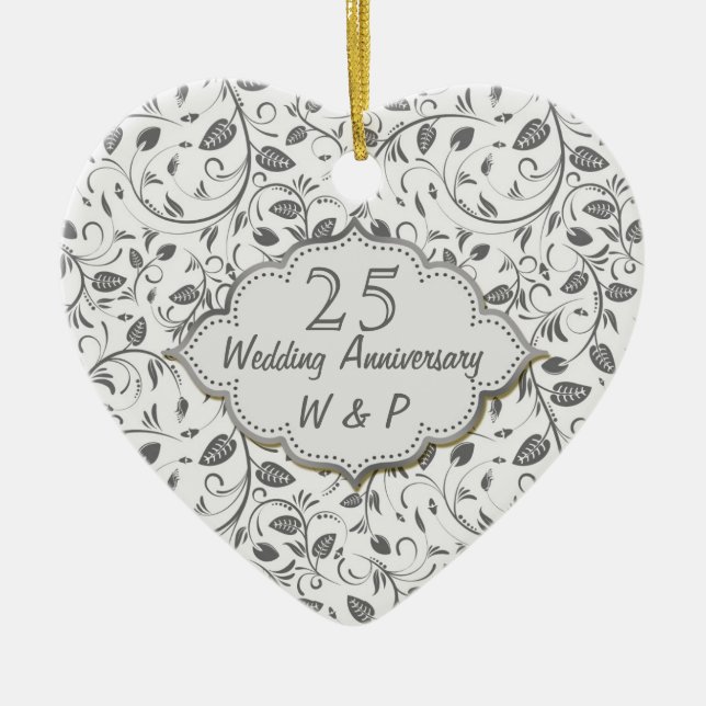Silver leaves 25th Wedding Anniversary Ceramic Ornament (Front)