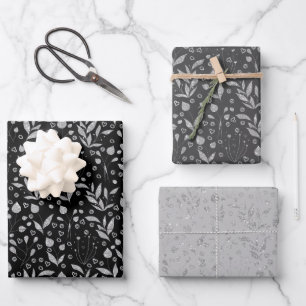 Silver Leaves Black and Gray Wrapping Paper Sheets