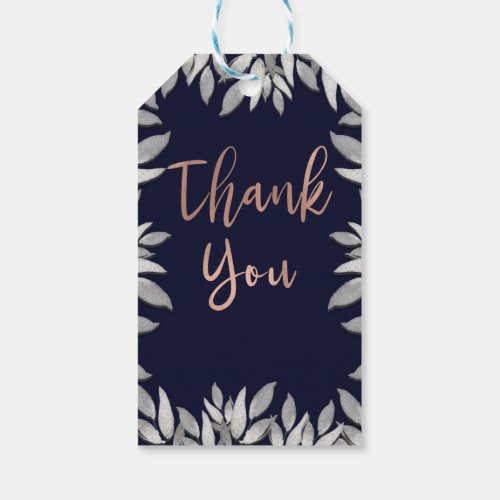 Silver Leaves Botanical Glam Blue Pink Thank You Gift Tags