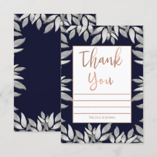 Silver Leaves Botanical Glam Blue Pink Thank You Invitation