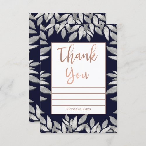 Silver Leaves Botanical Glam Blue Pink Thank You Invitation