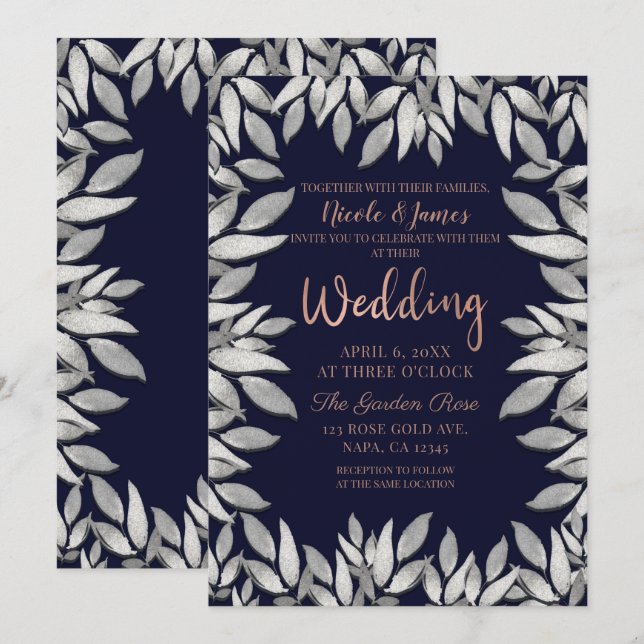 Silver Leaves Botanical Glam Blue Pink Wedding Invitation (Front/Back)