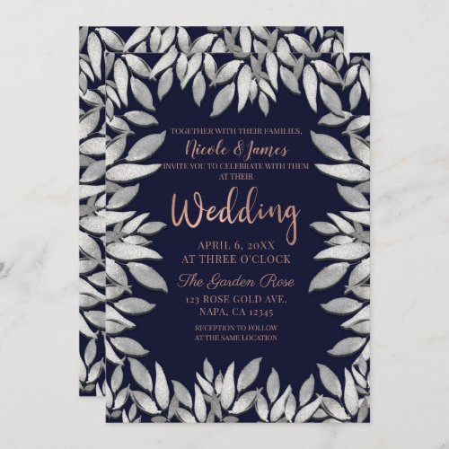 Silver Leaves Botanical Glam Blue Pink Wedding Invitation