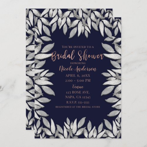 Silver Leaves Botanical Glam Blue Pink Wedding Invitation