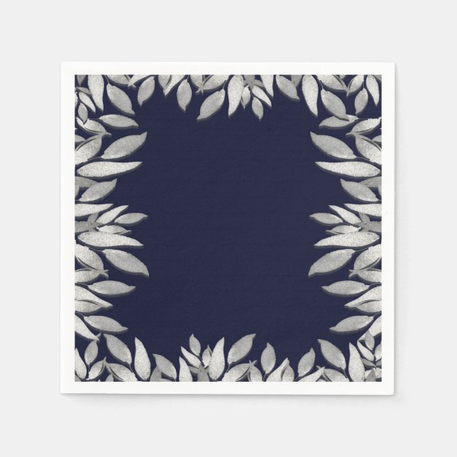 Silver Leaves Botanical Glam Blue Pink Wedding Napkins (Front)