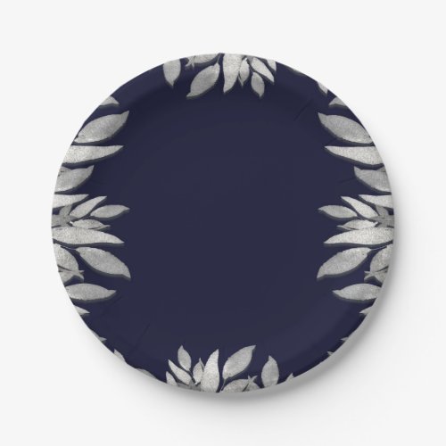 Silver Leaves Botanical Glam Blue Pink Wedding Paper Plates