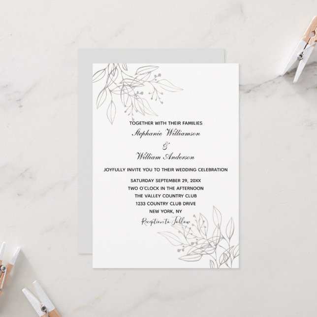 Silver Leaves Elegant Formal Modern Chic Wedding Invitation (Front/Back In Situ)