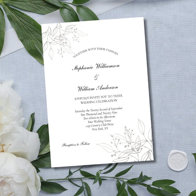 Silver Leaves Elegant Formal Modern Chic Wedding Invitation (Silver Leaves Floral Botanical Wedding Invitation, Modern Minimalist Printed or Digital Download)
