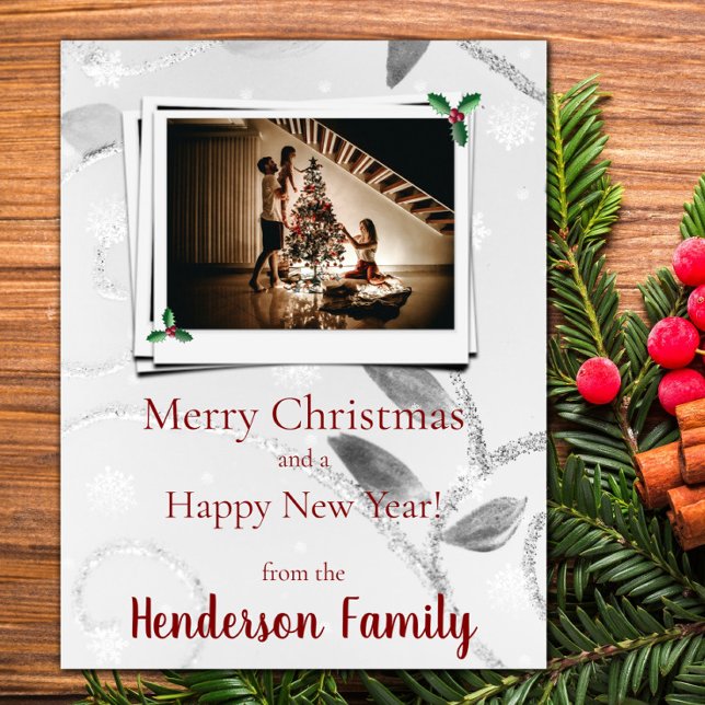Silver Leaves Flat Holiday Photo Card (Silver Leaves Flat Holiday Photo Card)