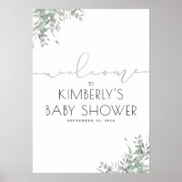 Silver Leaves Greenery Elegant Baby Shower Welcome Poster