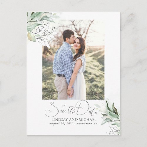 Silver Leaves Greenery Save the Date Photo Announcement Postcard