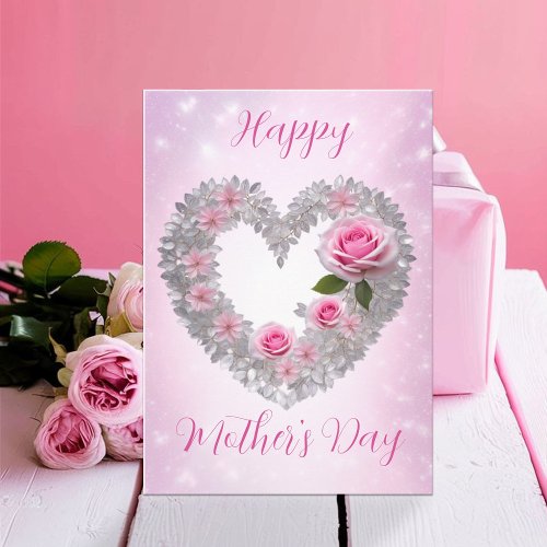 Silver Leaves Heart Pink Rose Happy Mothers Day Card