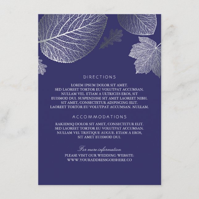 Silver Leaves Navy Wedding Details - Information Enclosure Card (Front)