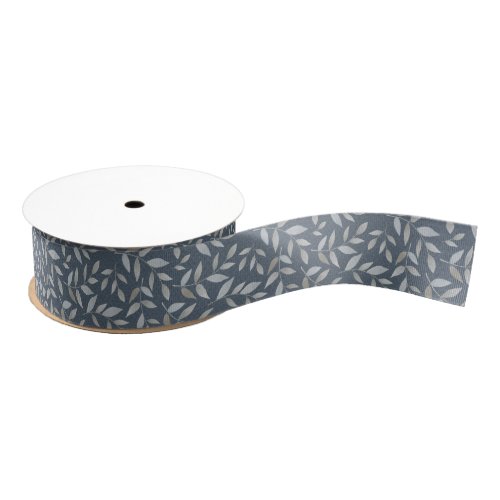 Silver Leaves on Charcoal Gray Grosgrain Ribbon