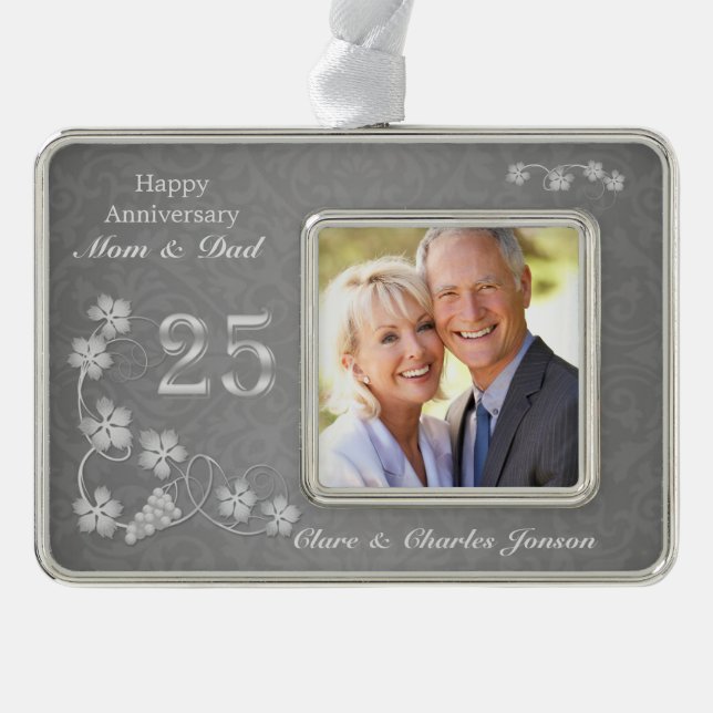 Silver leaves on gray 25th Wedding Anniversary Ornament (Front)