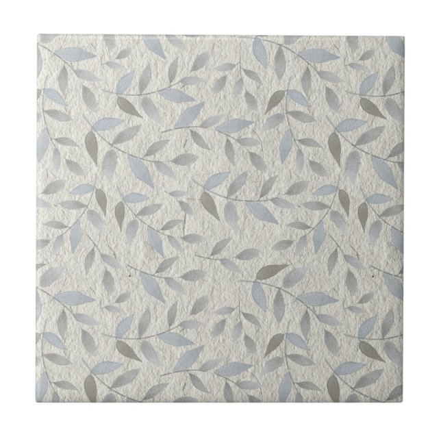 Silver Leaves on Gray Texture Print Ceramic Tile (Front)