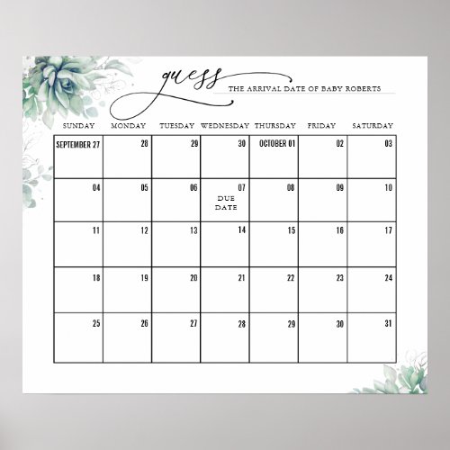 Silver Leaves Succulents Guess Due Date Calendar Poster