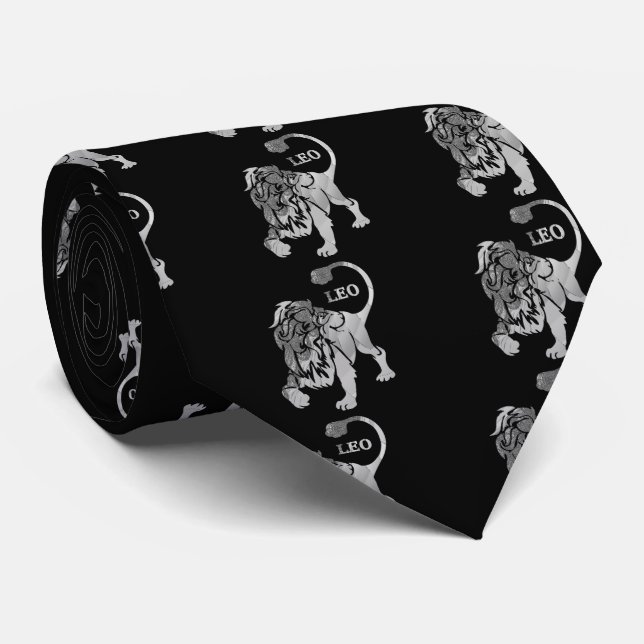 Silver Leo Lion Zodiac Black Tie (Rolled)