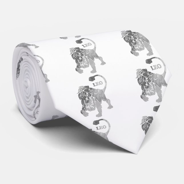 Silver Leo Lion Zodiac White Tie (Rolled)