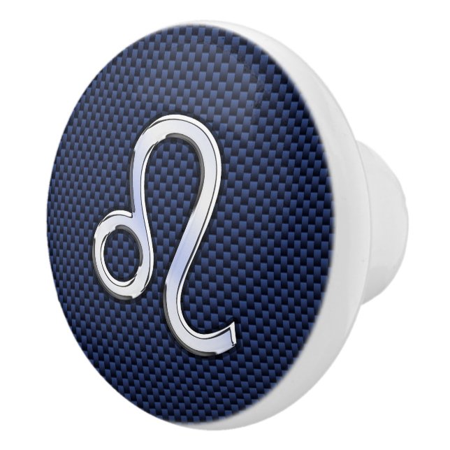 Silver Leo Symbol on Navy Blue Carbon Fiber Print Ceramic Knob (Right)