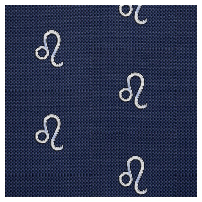 Silver Leo Symbol on Navy Blue Carbon Fiber Print Fabric (Swatch)