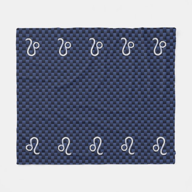 Silver Leo Symbol on Navy Blue Carbon Fiber Print Fleece Blanket (Front (Horizontal))