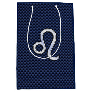 Silver Leo Symbol on Navy Blue Carbon Fiber Print Medium Gift Bag