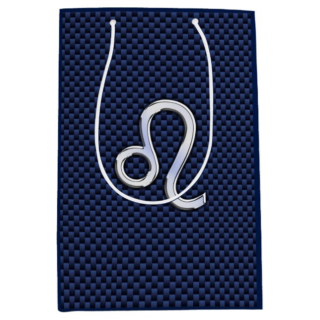 Silver Leo Symbol on Navy Blue Carbon Fiber Print Medium Gift Bag (Front)