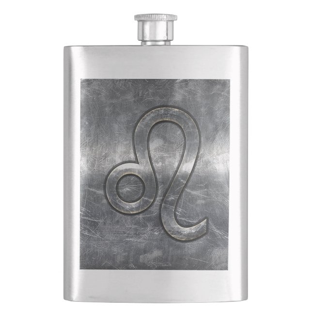 Silver Leo Zodiac Sign in Grunge Distressed Style Flask (Front)