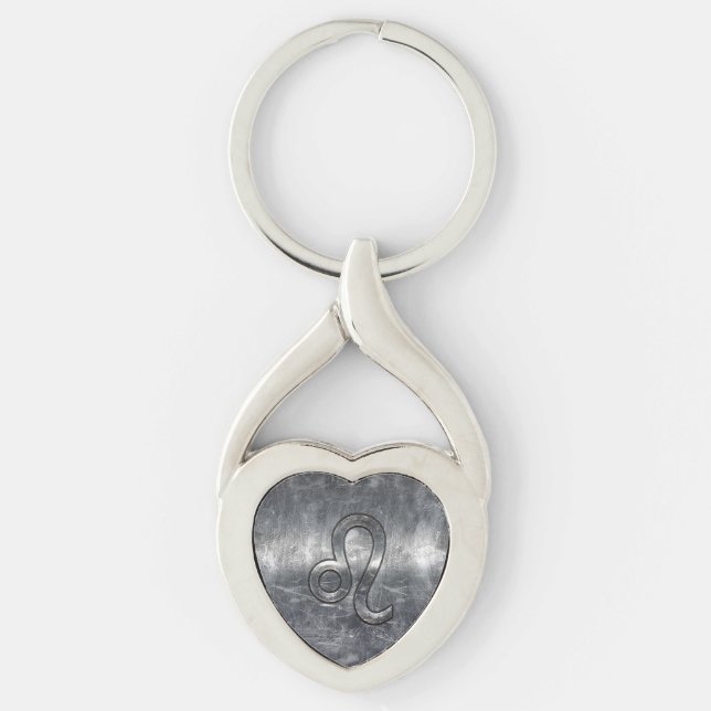 Silver Leo Zodiac Sign in Grunge Distressed Style Keychain (Front)