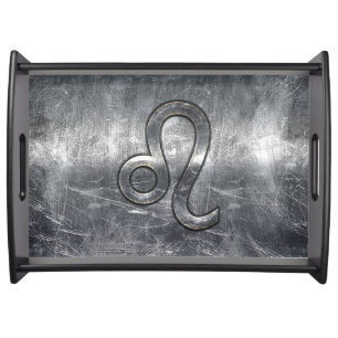 Silver Leo Zodiac Sign in Grunge Distressed Style Serving Tray