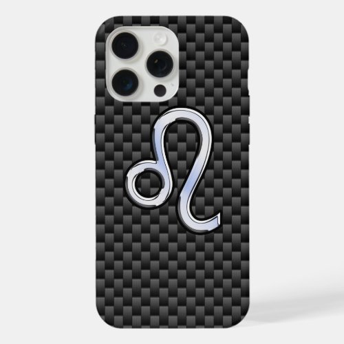 Silver Leo Zodiac Symbol Charcoal Carbon Fiber iPhone 15 Pro Max Case