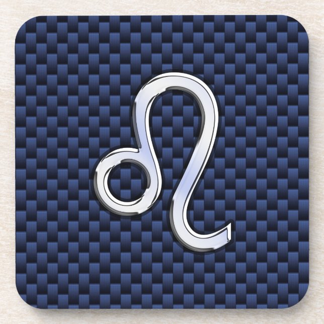 Silver Leo Zodiac Symbol Navy Carbon Fiber Print Beverage Coaster (Front)