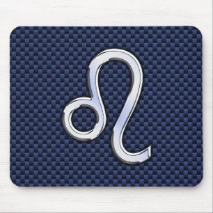 Silver Leo Zodiac Symbol Navy Carbon Fiber Print Mouse Pad
