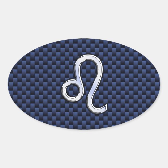 Silver Leo Zodiac Symbol Navy Carbon Fiber Print Oval Sticker (Front)