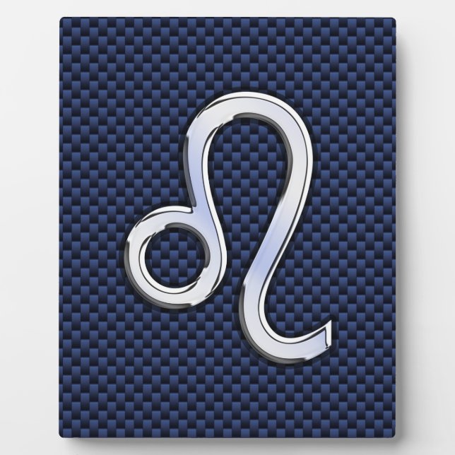 Silver Leo Zodiac Symbol Navy Carbon Fiber Print Plaque (Front)