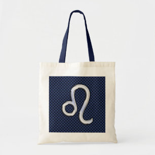 Silver Leo Zodiac Symbol Navy Carbon Fiber Print Tote Bag