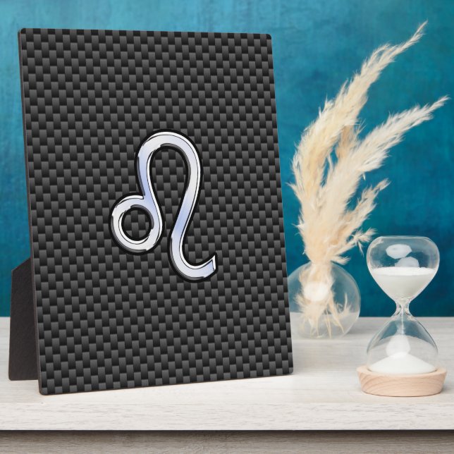 Silver Leo Zodiac Symbol on Carbon Fiber Print Plaque (Side)