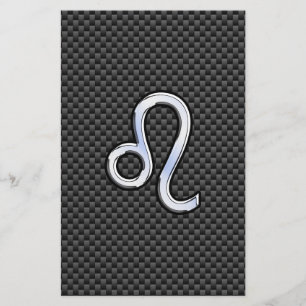 Silver Leo Zodiac Symbol on Carbon Fiber Print Stationery