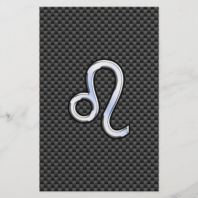 Silver Leo Zodiac Symbol on Carbon Fiber Print Stationery (Front)