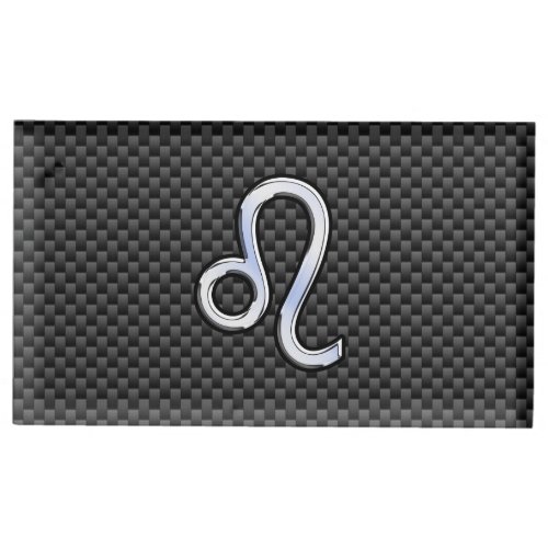 Silver Leo Zodiac Symbol on Carbon Fiber Print Table Card Holder