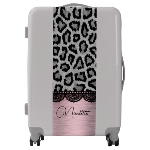 Silver Leopard and Lace with Pink Blush  Luggage