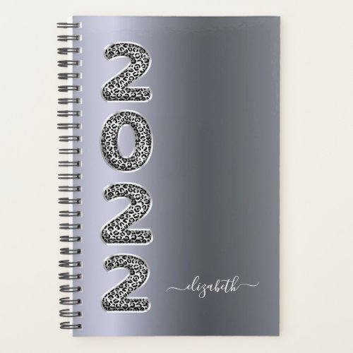 Silver leopard animal pattern metal monogram 2022 planner