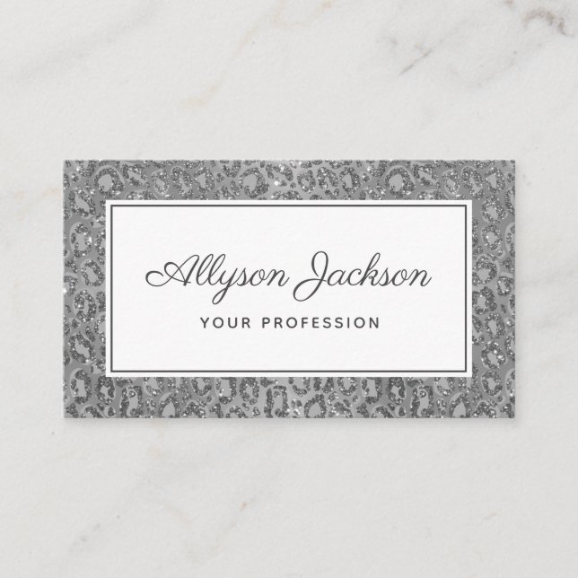 Silver Leopard Glitter Business Card (Front)