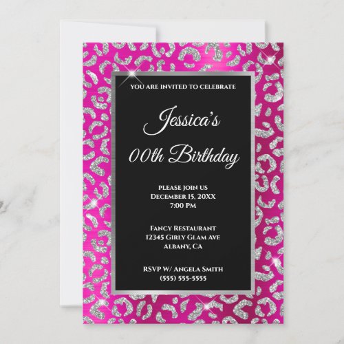 Silver Leopard Glitter Hot Pink Foil Birthday Invitation